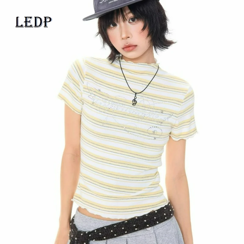 

Korean Girl Striped Hot Diamond Small Turtleneck Short-sleeved Women's Top 2026 Spring Summer Elastic Versatile T-shirts Ladies