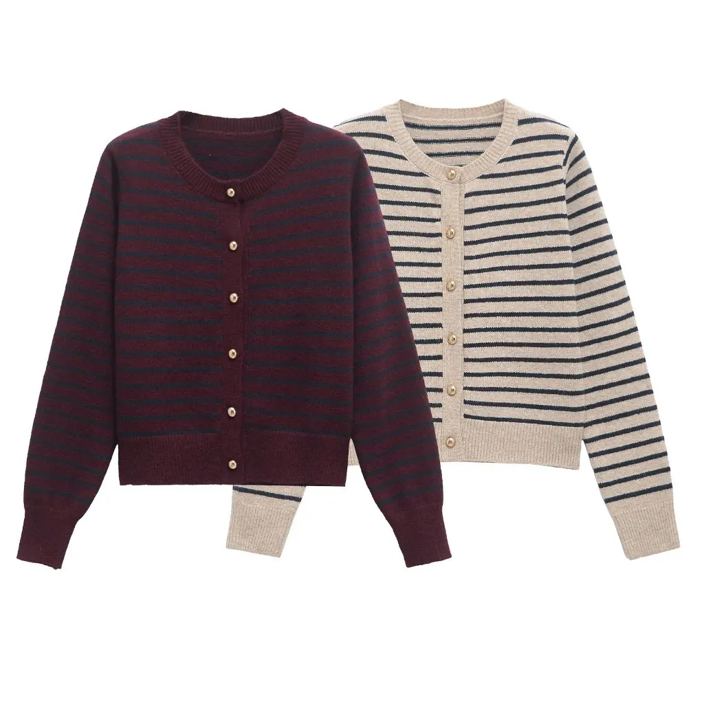 

Spring Fashion Women's Knitted Cardigan Casual round Neck Striped Top Coat European And US Wholesale Style G82618