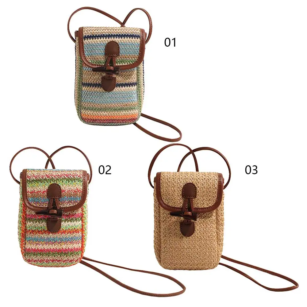 

Women Fashion Knitted Phone Pouch Patchwork Straw Woven Phone Bag Trendy Weave Phone Purse Simple Hobo Bag Sling Phone Bag