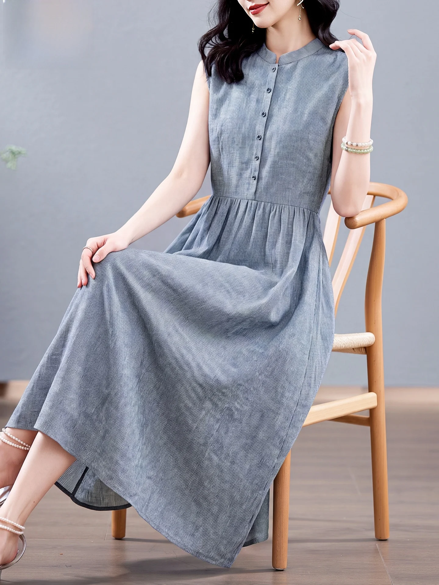 New Chinese Style Cotton Linen Dress Waist Cinched Sleeveless Slimming Long Summer New Arrival Soft Comfortable Breathable
