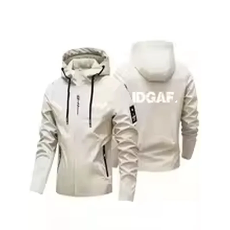 2027 New Model Men Urban Streetwear Hooded Windbreaker Jacket Bold IDGAF Text Print Full Zip Wind Resistant Casual Outer Coat