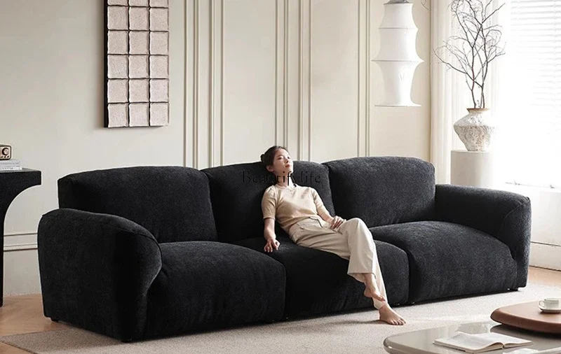 

French retro sofa straight row antique black chenille fabric down sofa