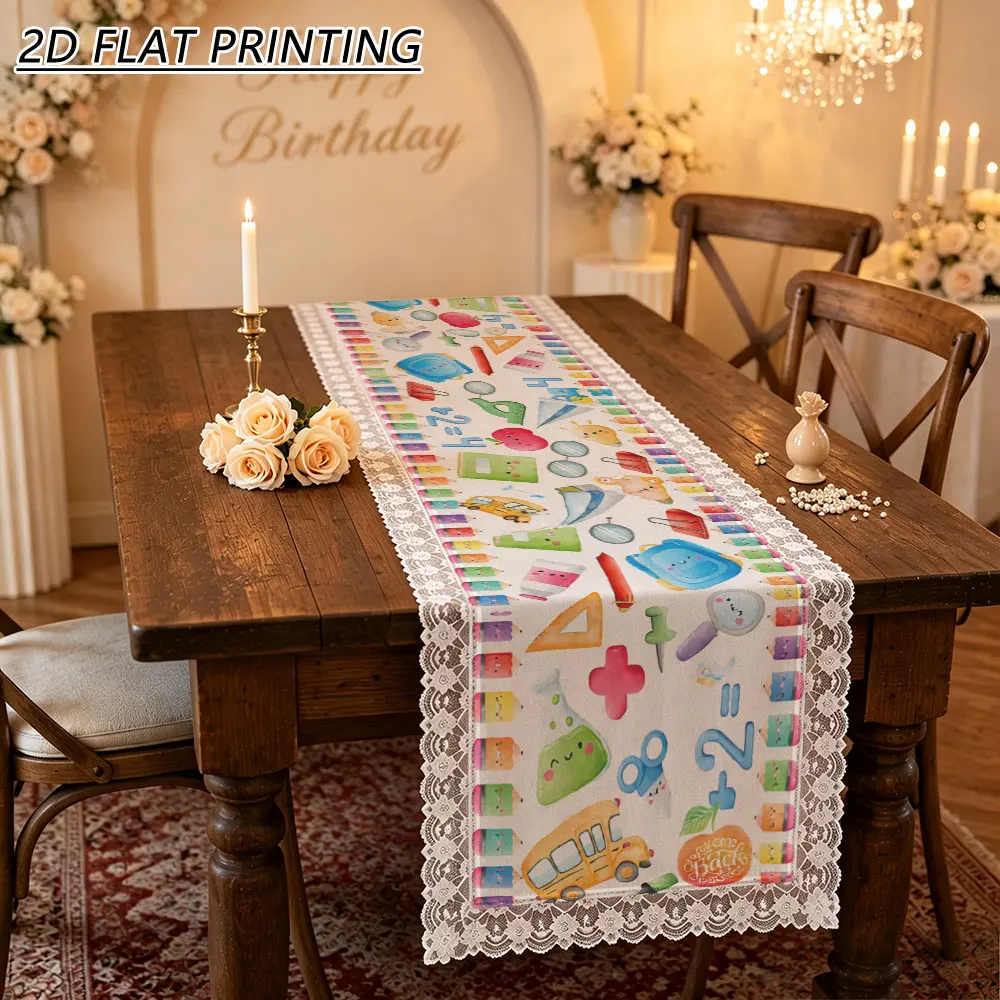 1pc School Stationery Pattern Tulle Lace Table Runner For Home Back To School Dining Party Decor