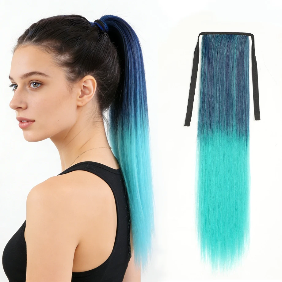 

22Inch Gradient Ponytail Hair Wig Synthetic Hair Long Extension Colorful Braids Ponytail with Hair Tie for Women Hair Wigs