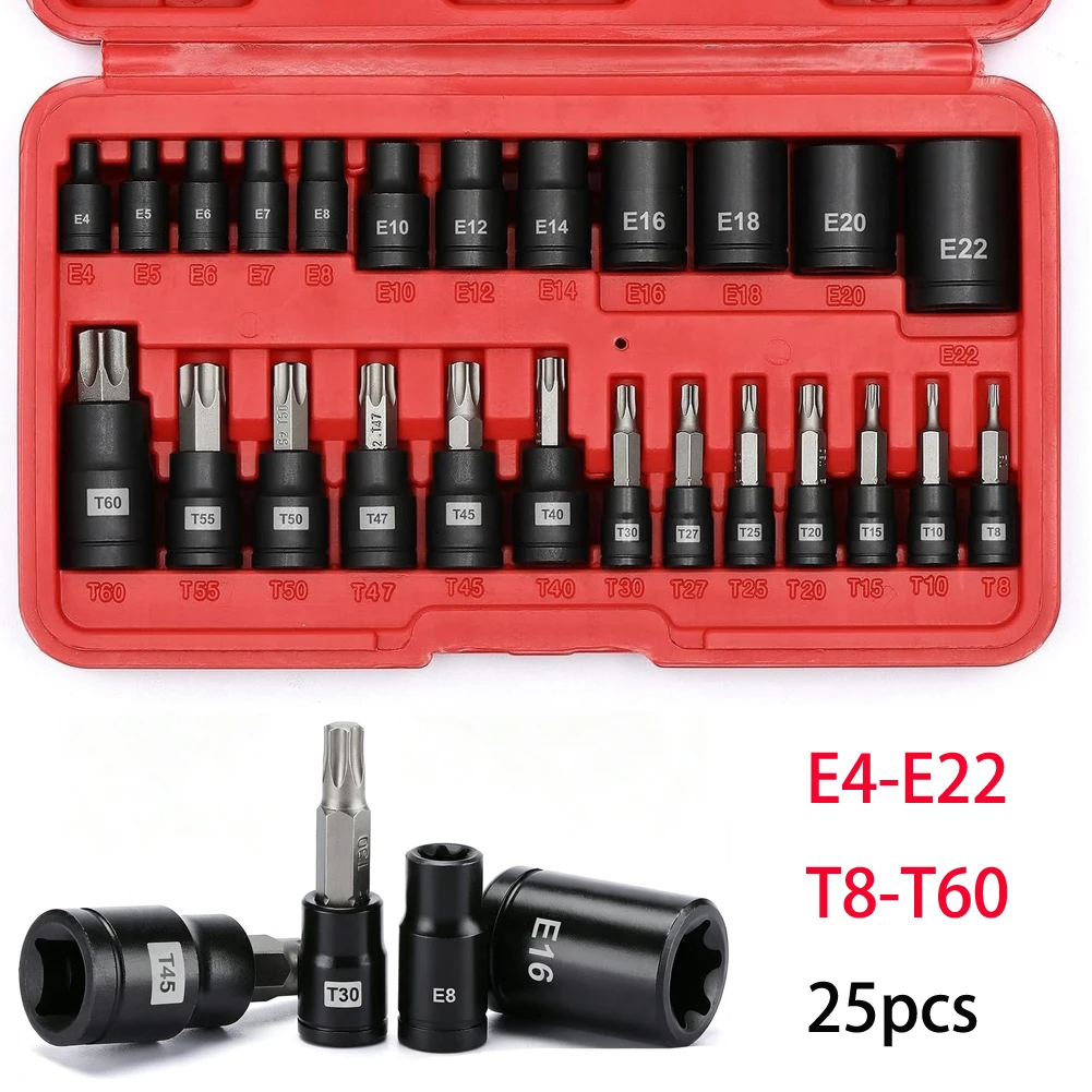 25PCS Bit Set T8-T60 E-Socket Adapter For 1/4 3/8 1/2 Driver Wrench And Drill Tool Kit, For Auto Repair