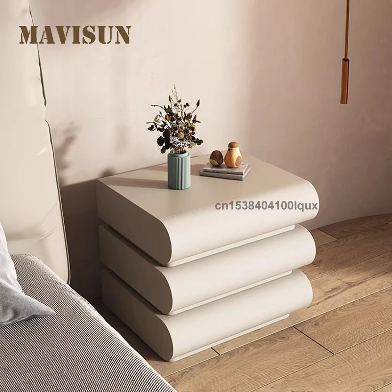 

Italian Minimalist Style Pack Of Two Bedroom Table With 3 Drawers Solid Wood Frame Leather Surface Semicircular Bedside Table
