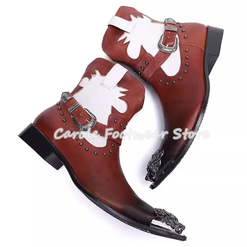 

Male Leather Splicing Mixed Color Chelsea Boots Punk Rivet Metal Pointed Toe Chunky Heel Boots for Men Wedding Party Dress Shoes