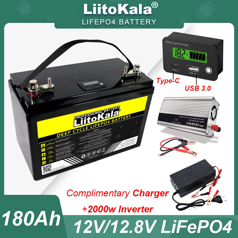 LiitoKala 12V 180a 160ah 120ah LiFePO4 Battery outdoors Touring car Multifunctional USB 3.0 Type-C Output 2000w Inverter Charger