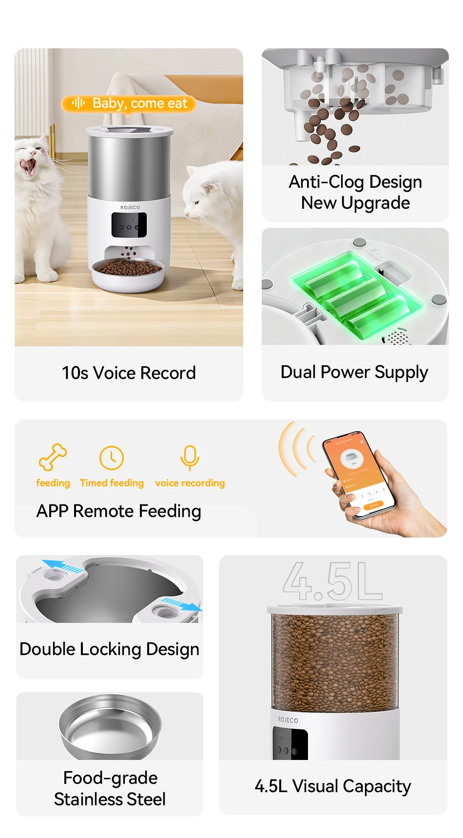 ROJECO 4,5 l automatischer Katzenfutterspender aus Edelstahl, WiFi-App, Fernbedienung, Sprachaufzeichnung, intelligenter Hundefutterspender, Heimtierbedarf – Detail 2