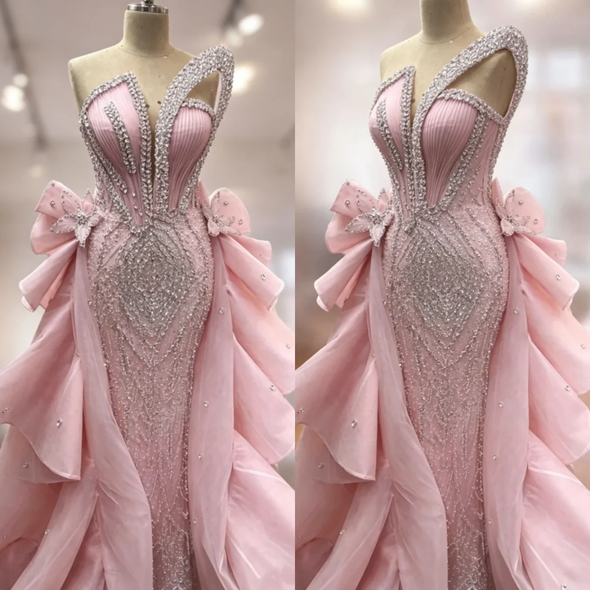 

Exquisite Crystals Prom Dresses Sleeveless Floor Length Mermaid Evening Gowns Detachable Train Vestidos De Gala Customized