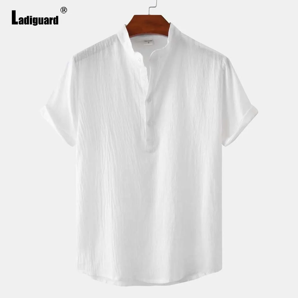 Men Short Sleeve Linen Shirts Clothing 2026 European Fashion Basic Top Pullovers Solid Collarless Blouse Mens Casual Daily Shirt
