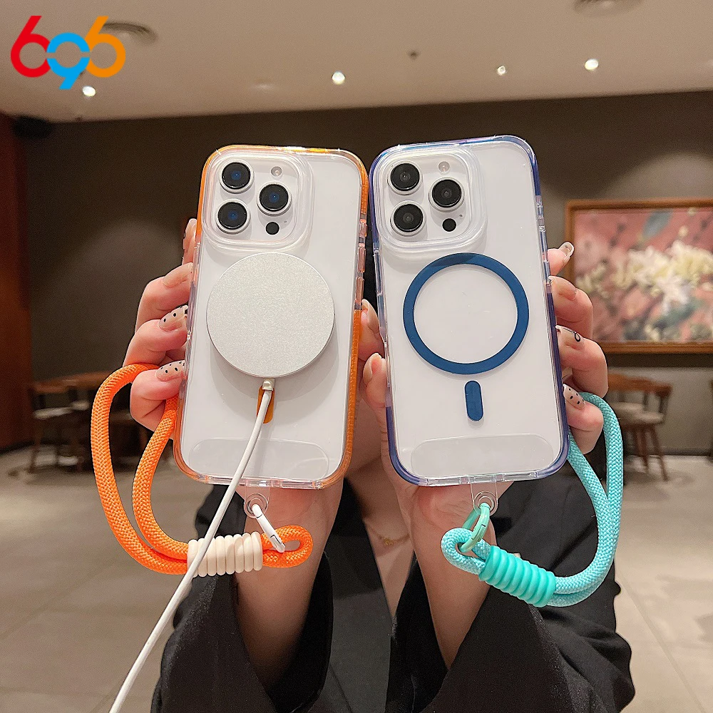 Magnetic Wrist Strap Transparent Candy Frame Phone Case For iPhone 15 11 12 13 14 16 Pro Max Plus Shockproof Fall Prevention