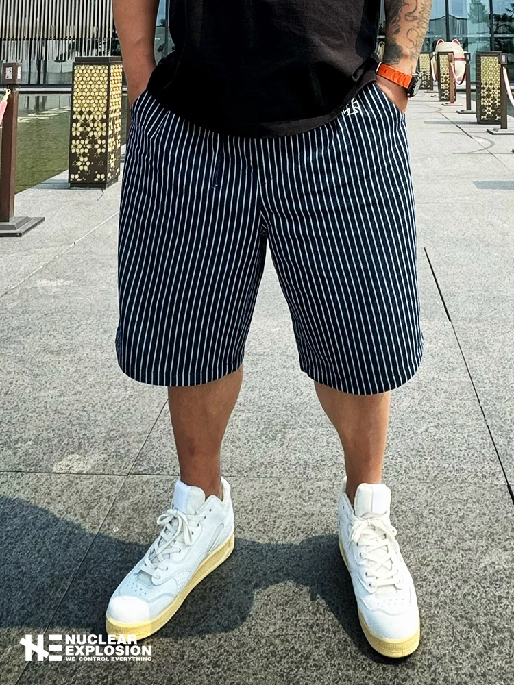 

Washed Denim Workwear Shorts Blue White Stripes Loose Straight Leg Casual Youth Summer Jeans Utility Trousers