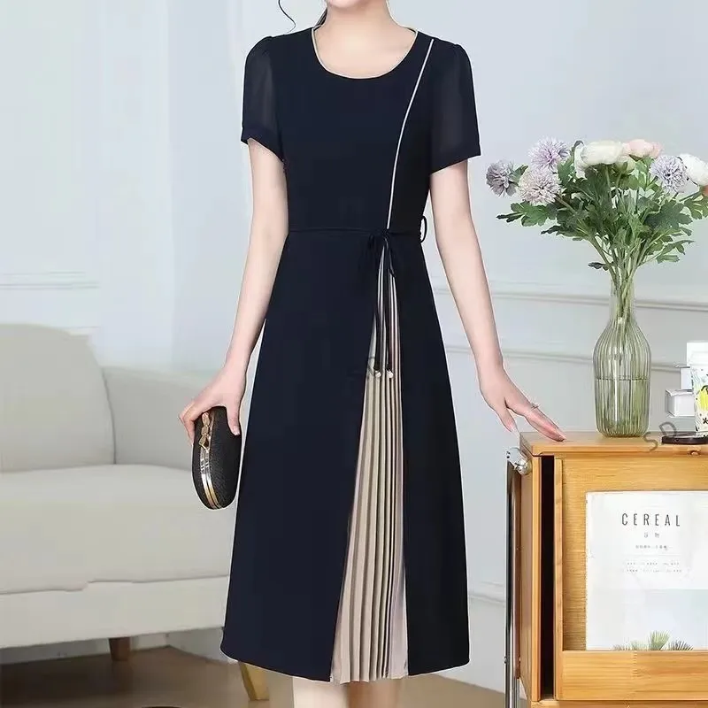 

Summer New Patched Pleated Dress Ladies Dresses Round Neck Short Sleeve Loose Midi Dress Vintage Elegant Women Clothing