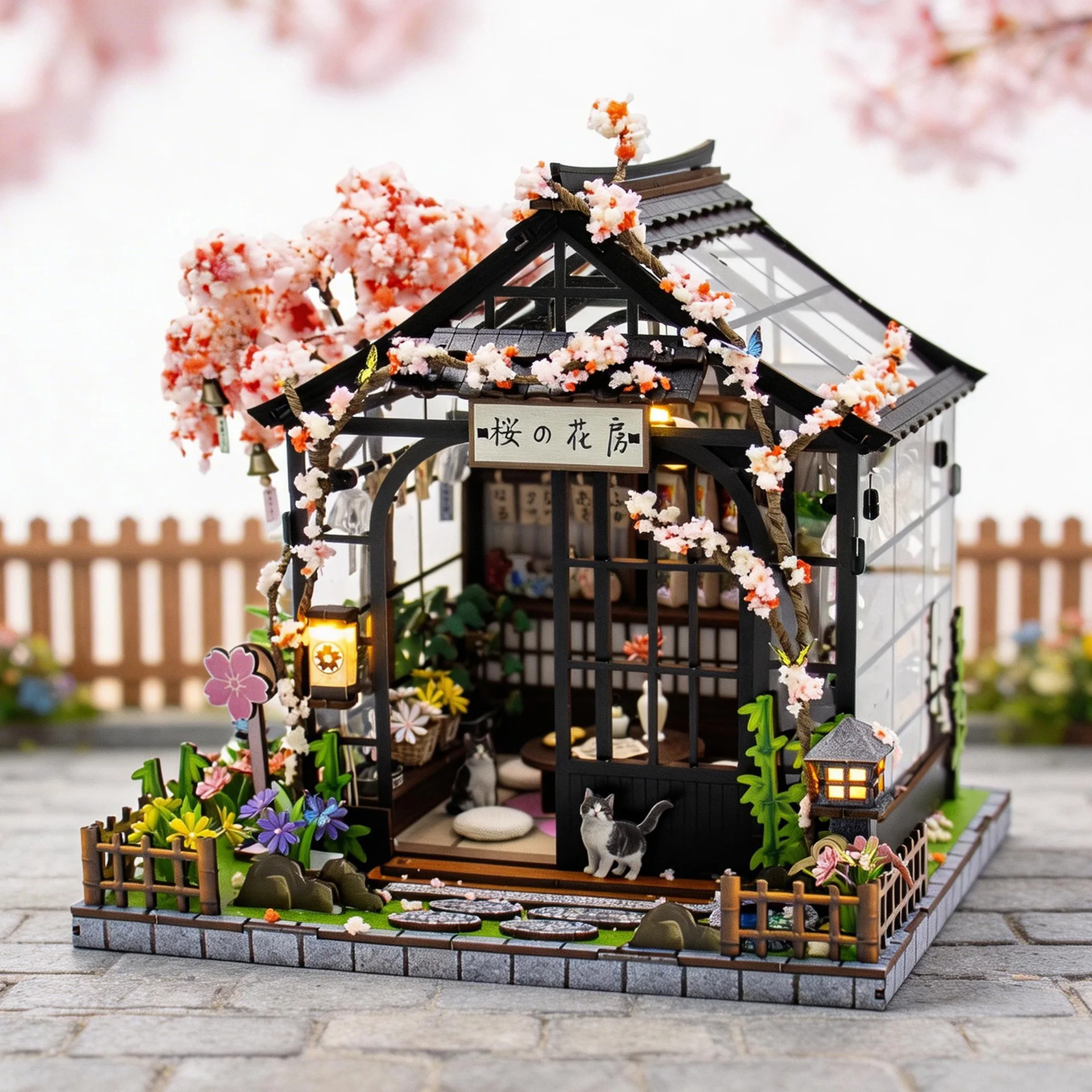 

DIY Wooden Miniature Model Kits Spring Sakura Greenhouse 3D Puzzle Dollhouse With Furniture Light for Friends Birthday Gifts