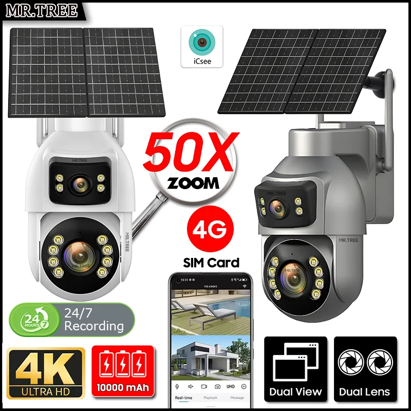 

50x Zoom 4k Security Solar Camera 10MP Dual Lens 4G SIM Outdoor 24h Surveillance Human Detection Auto Tracking PTZ CCTV IP Cams
