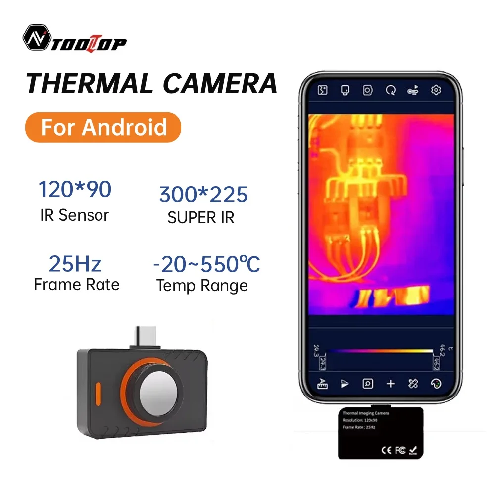 Caméra thermique Android TOOLTOP T5, fréquence d'images de 25Hz, affichage en 11 langues, prise de photos et vidéos, caméra infrarouge Super IR 300×225