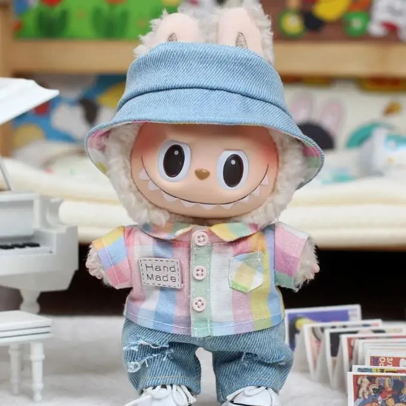 

Mini Doll'S Clothes Outfit Accessories For 15-17cm Ropa Labubu Idol 10cm cotton doll Rainbow plaid shirt jeans Clothing Gift