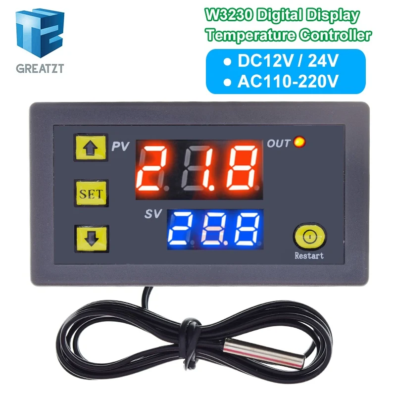 W3230 12V 24V AC110-220V Probe line 20A Digital Temperature Control LED Display Thermostat With Heat/Cooling Control Instrument