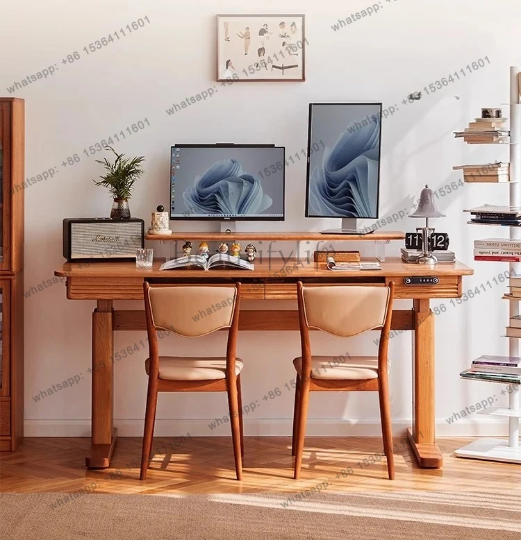

Solid wood electric lifting desk computer office cherry wood workbench can lift study table