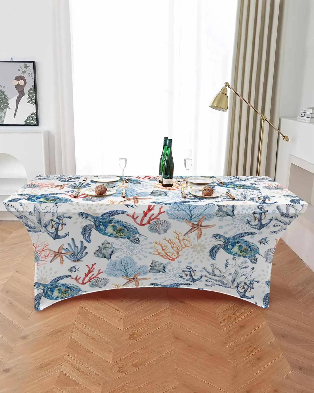 Marine Coral Shells Starfish Sea Turtles Rectangular Elastic Table Skirt Wedding Table Cover Kitchen Dining Table Tablecloth