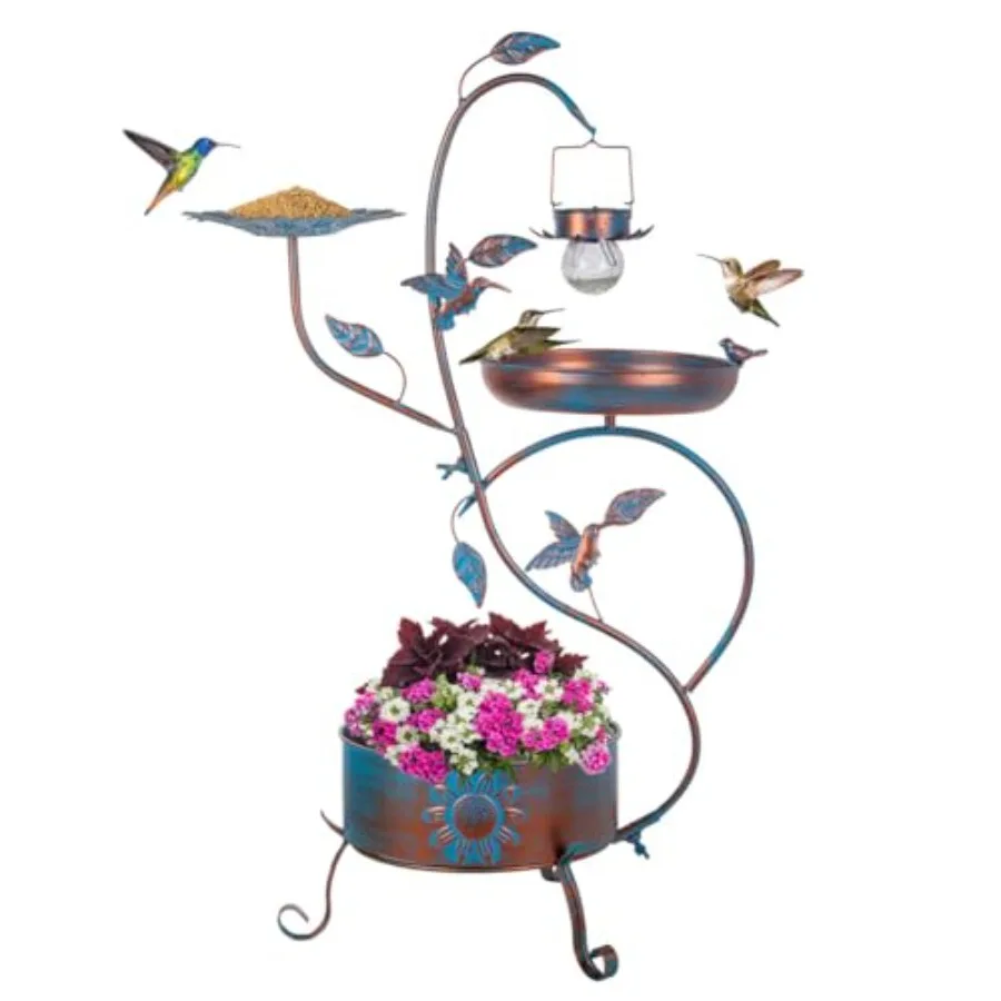 

Outdoor metal bird bath with planter and feeder, blue garden birdbath featuring solar lights for decorative and functional use