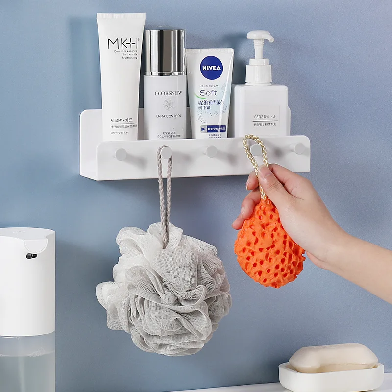 Bathroom Non-perforated Shelves with Five Hooks, Cosmetics Shelves, Kitchen Spice Storage Shelves, Sticky Wall Hook Racks