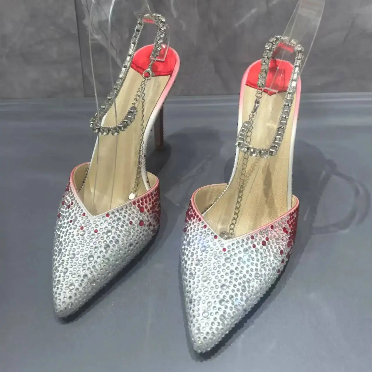 Givencci Red Silver Mixed Colors Rhinestones Sandals Women Buckle Chain Strap Sandalias Female Pointed Toe Stiletto Tacones Sexy