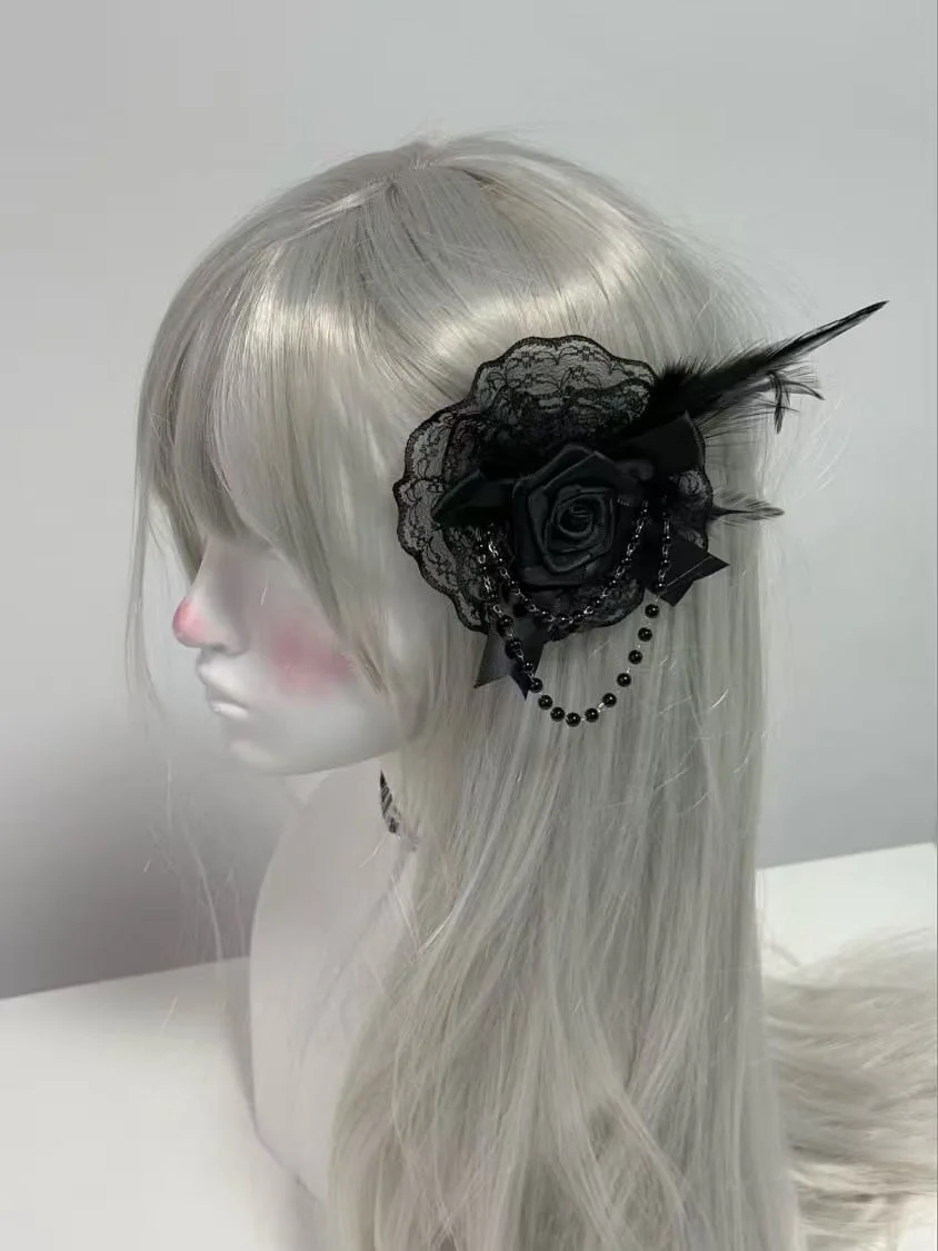 고딕 장미 깃털 머리핀 빈티지 레이스 헤어 클립, 일본 스타일 머리핀, 소녀 코스프레 머리 장식, 로리타 헤어 액세서리