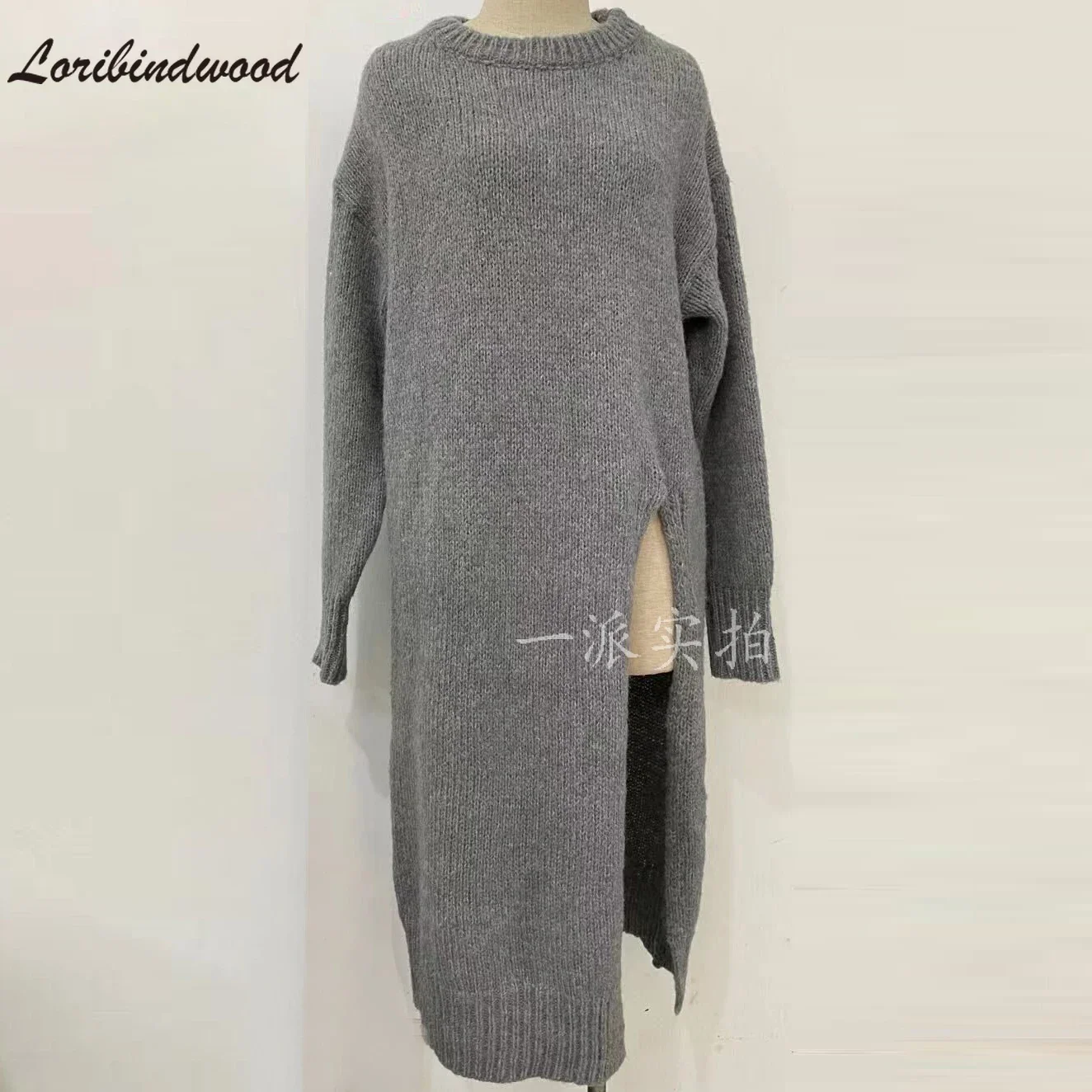 2023 New Autumn Winter Hot Style Loose and Lazy Hedging Side Slit Over The Knee Long Knitted Sweater Dress One-piece Women