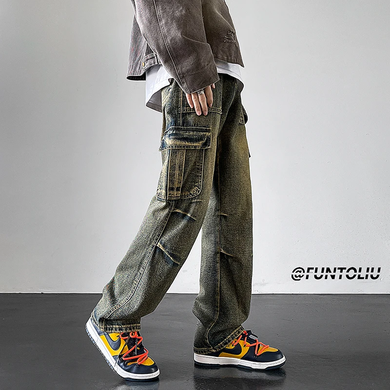 

American Retro Workwear Jeans Men's Spring Autumn Trendy Straight Leg Haome Men's Pants Waed Vintage Logging Pants