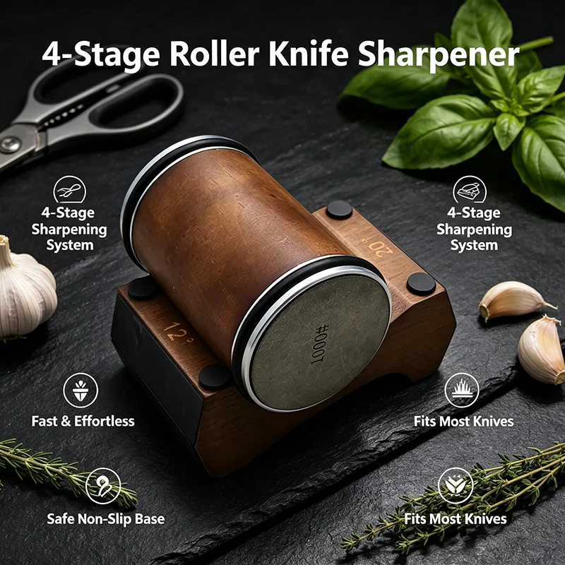 Rolling Knife Sharpener 4 Angle 12/15/18/20 Wooden Base Magnetic Suction Manual Kitchen Knife Sharpening Diamond Stone Tools Set