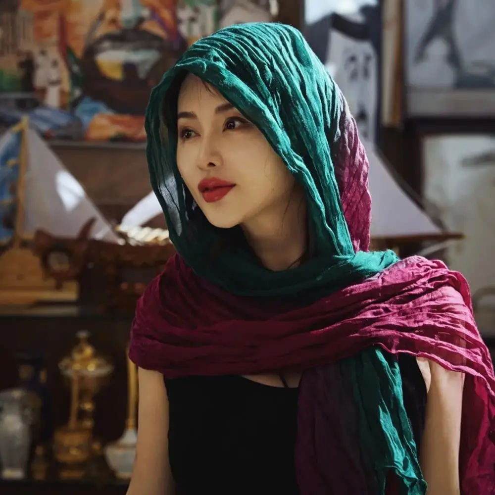 Bufanda arrugada degradada para mujer, bufandas con estilo de fotografía de viaje, nuevas bufandas de gasa de algodón de retazos, chal suave, chales envolventes para mujer