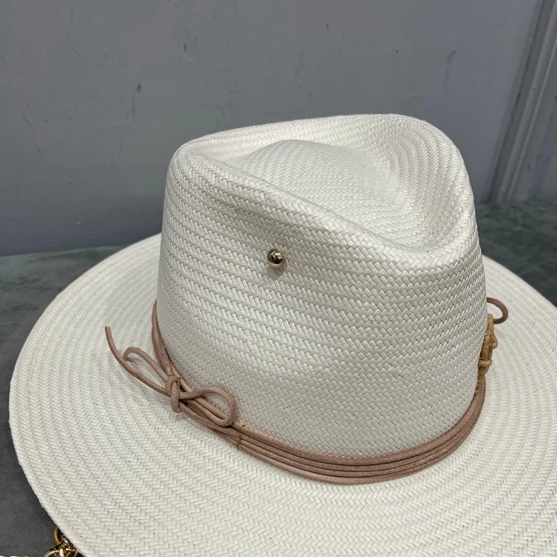 2024 summer new arrival Pierced Chain Strap Fedora Hat for women RB straw hat