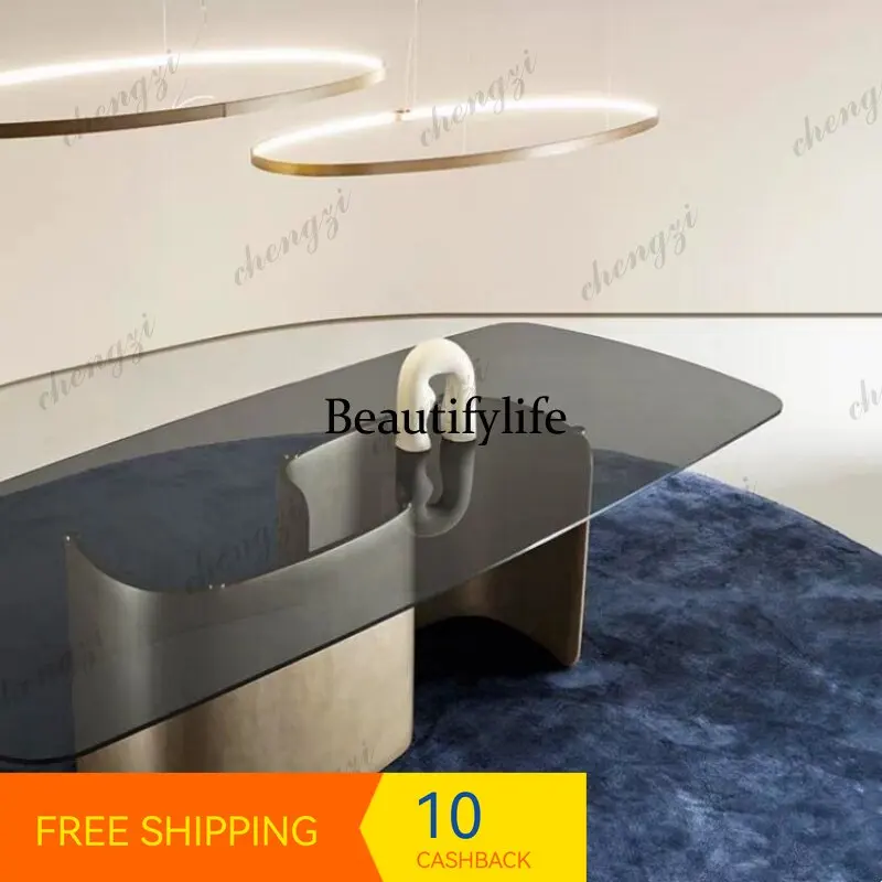 PP37 Italian-style minimalist solid wood metal dining table, modern light luxury dining table, glass-topped table