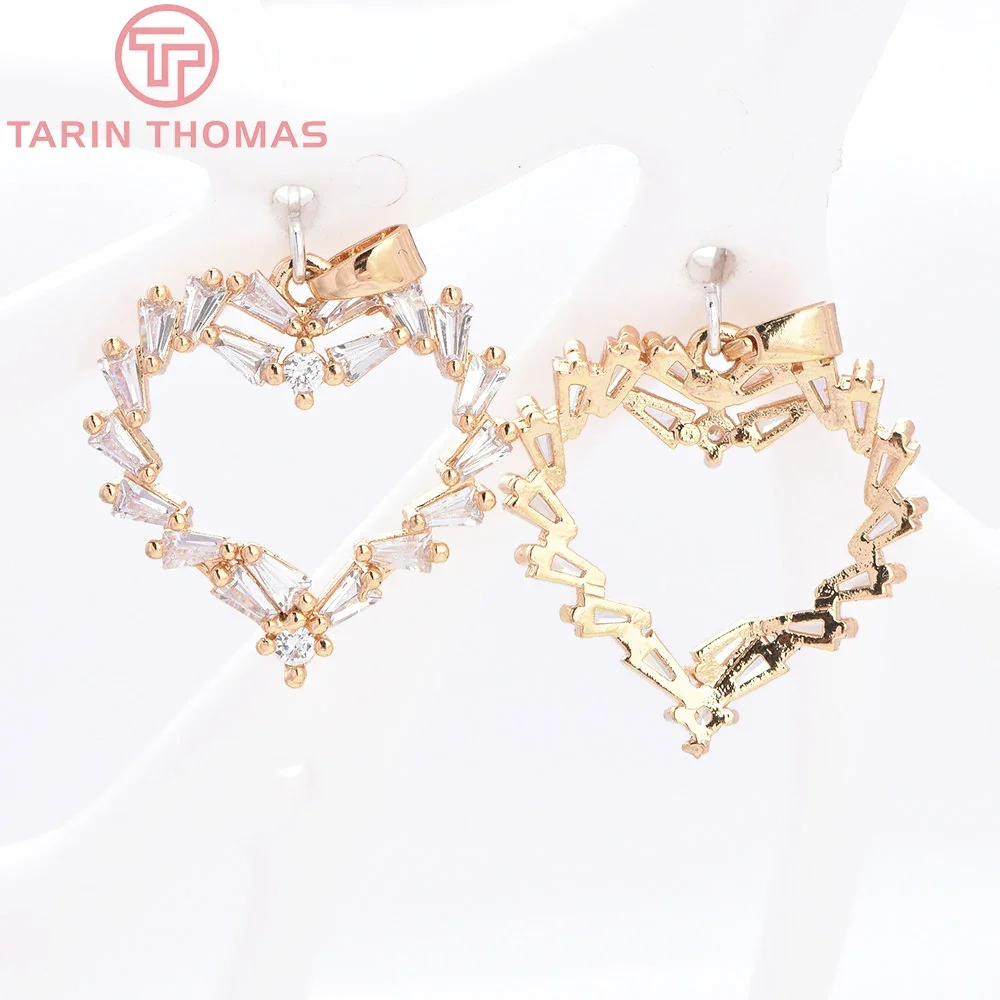 (8936) 4PCS 21x21MM 18K Gold Color Brass with Zircon Heart Shaped Pendants High Quality DIY Jewelry Making Findings Accessories