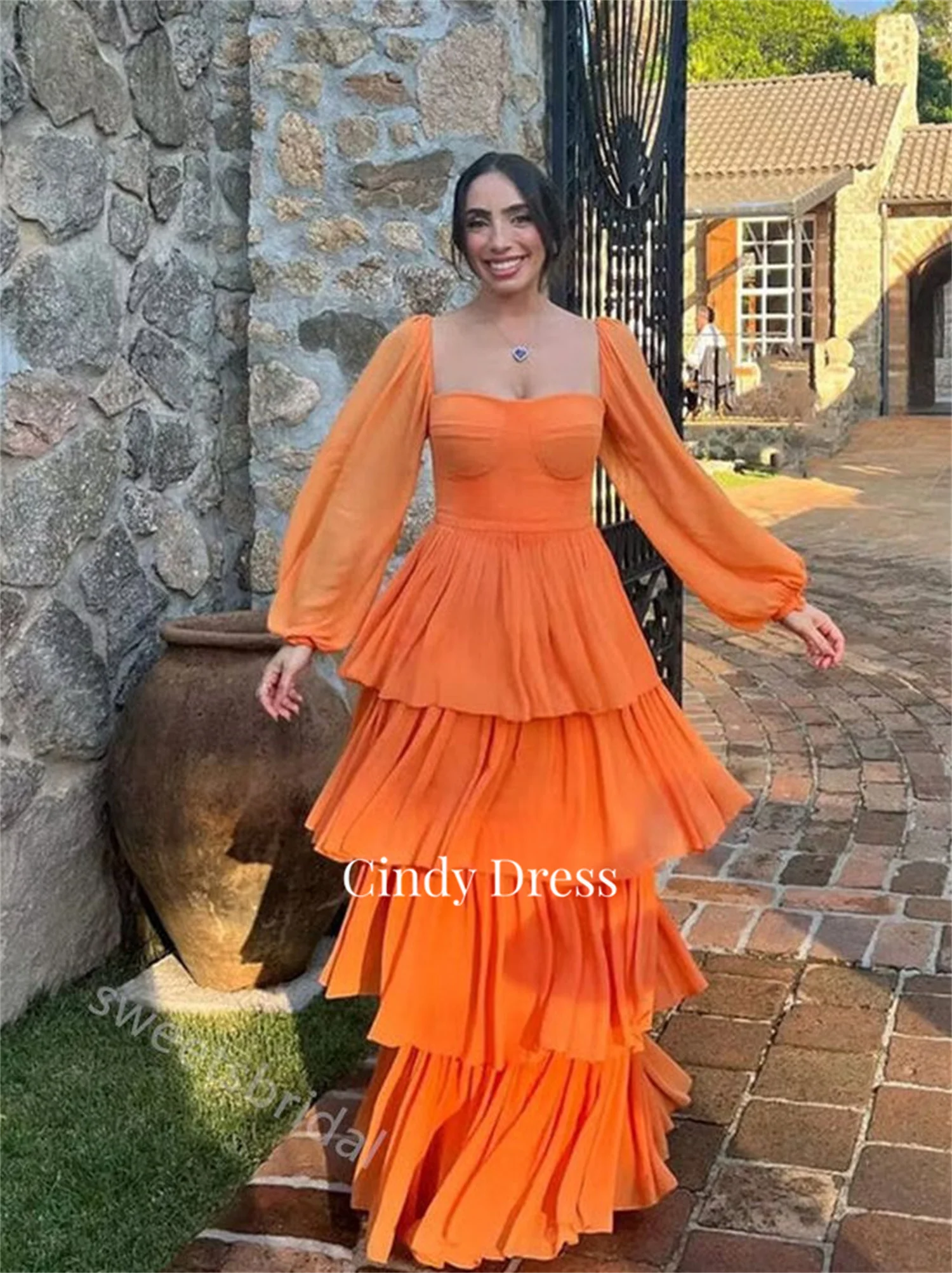 Cindy Long Sleeves Multi-layer Orange Color Sweetheart Chiffon Elegant Luxury Evening Dress 2024 Graduation Dresses Ball Gowns