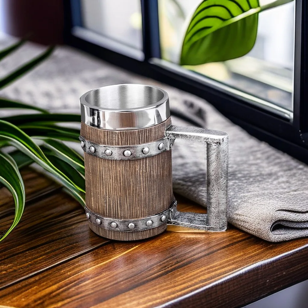 Medieval Tavern Wood Imitation Barrel Tankard Beer Mug Coffee Cup Christmas Gift Wood Grain Beer Mug 304 Stainless Steel