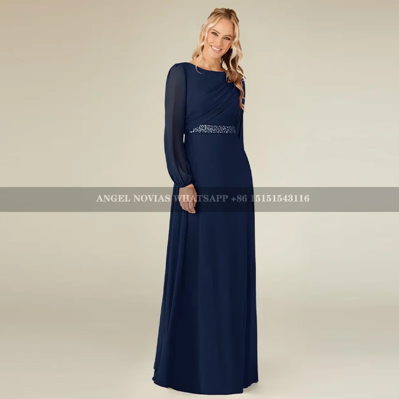 Long Sleeves Navy Blue Mother of the Bride Dresses with Beads Wedding Guest Dress vestidos de fiestas elegantes mujer