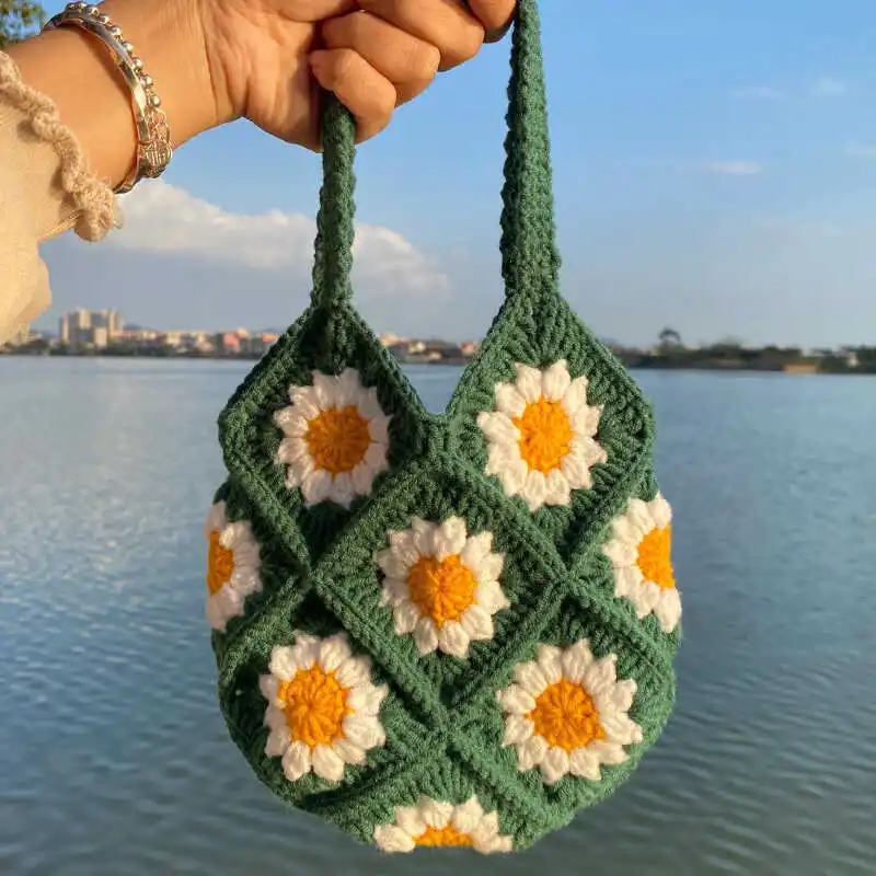 

DIY Knitting Materials Kit for Girls Handbag Project Yarn Crochet Suower Diamond Pattern Women's Handbag Bag ing
