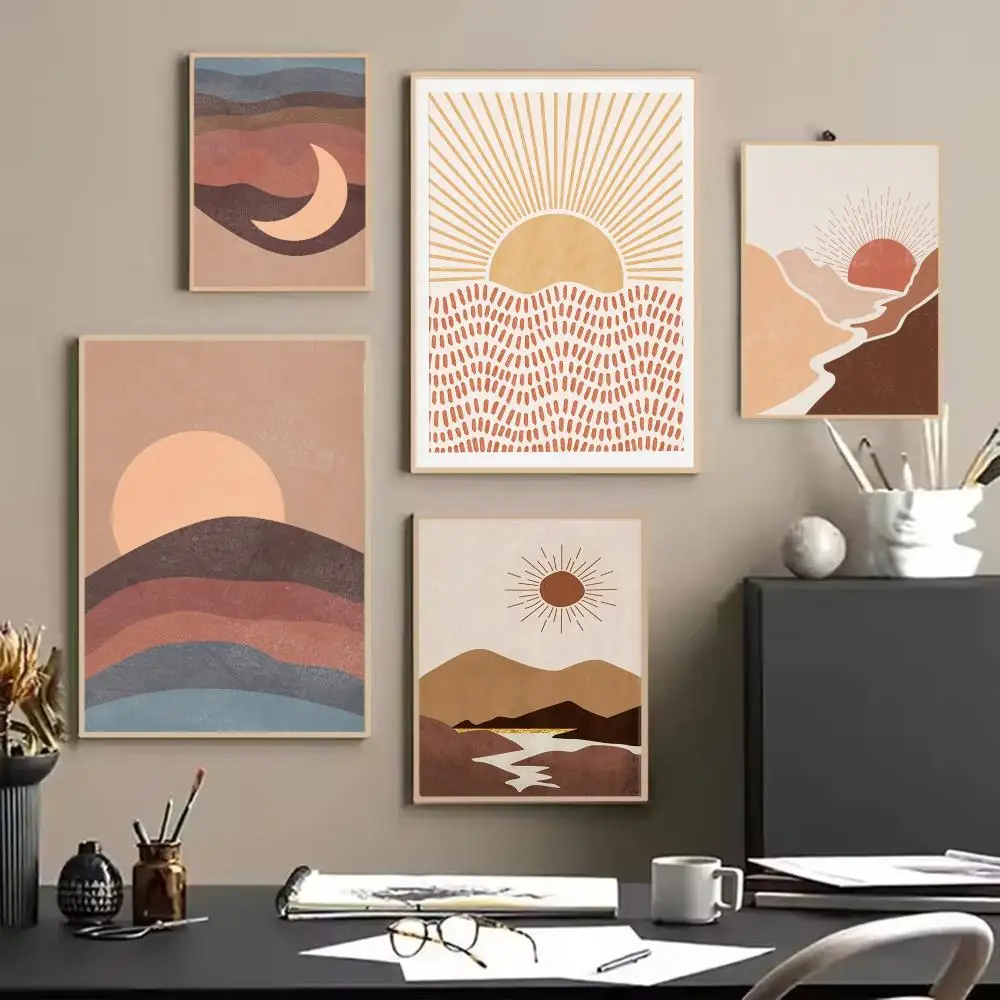 Subtle Harmonious Color Matching Abstract Sun Moon Poster Painting Wall Art for Living Room Home Gifts Decor Mural