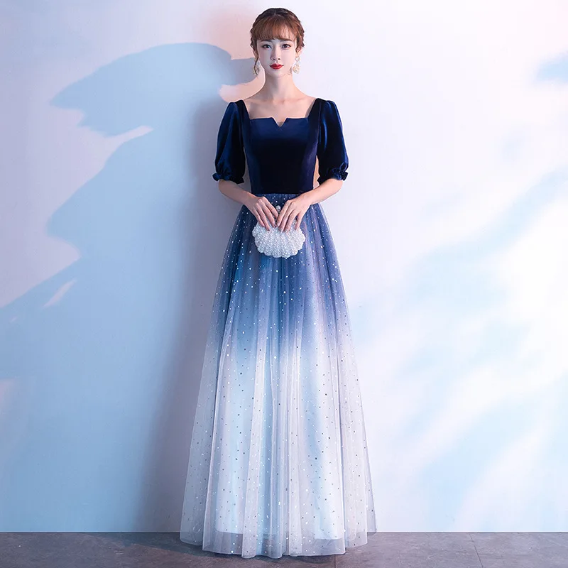 Women's Korean Square Neck Banquet Gown Short Sleeve Light Tulle Sparkling Evening Party Long Dresses