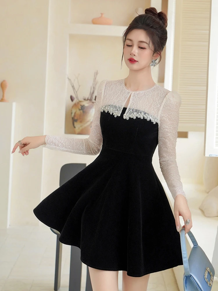 Elegant Black Velvet & White Lace Spliced Evening Party Dress Women's Cute Sexy Sheer Swing Ball Gown Lady Prom Vestidos Dating