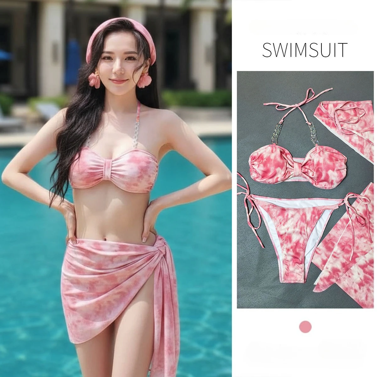 مثير الوردي التعادل صبغ طباعة البيكينيات مجموعات 4 قطعة المايوه مع غطاء تنورة ووشاح ملابس السباحة ملابس الشاطئ الحلو بيكيني Tankini