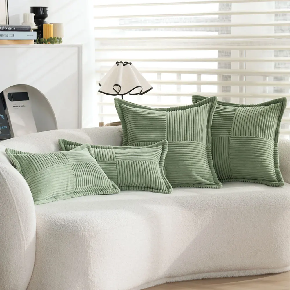 2pcs Sage Green Corduroy Throw Pillow Covers, Soft Striped Decorative Cushion Cases 18x18 / 12x20 Inch for Couch Bed Living Room