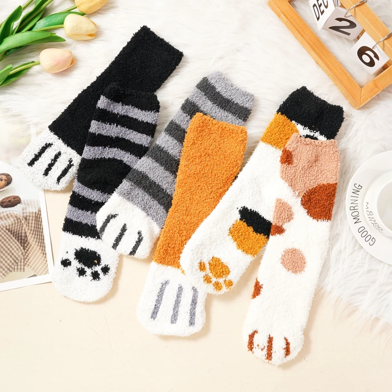 Warm Women Cute Coral Fleece Socks Cat Paw Pattern Female Warm Kawaii Funny Socks Home Floor Sleeping Socks Autumn Winter Sock