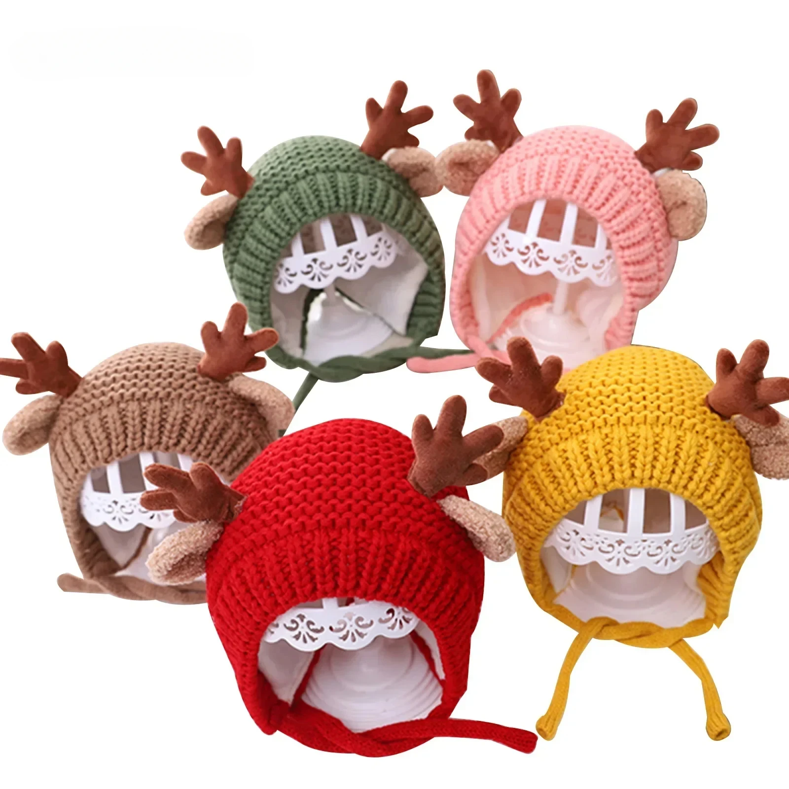 2024 New Kids Fall Winter Warm Knitted Woolen Hat Christmas Unisex Antler Cap Earmuffs Hat Pink/Red/Coffee/Green/Yellow