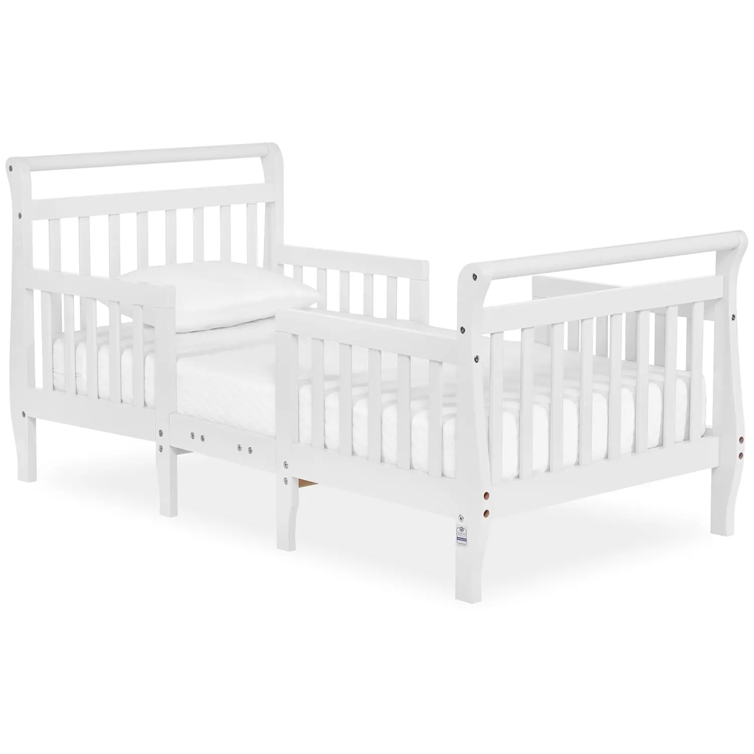 Cama infantil convertible de madera 3 en 1 en color blanco, diseño bajo en el suelo con rieles de seguridad, caja fuerte certificada para niños