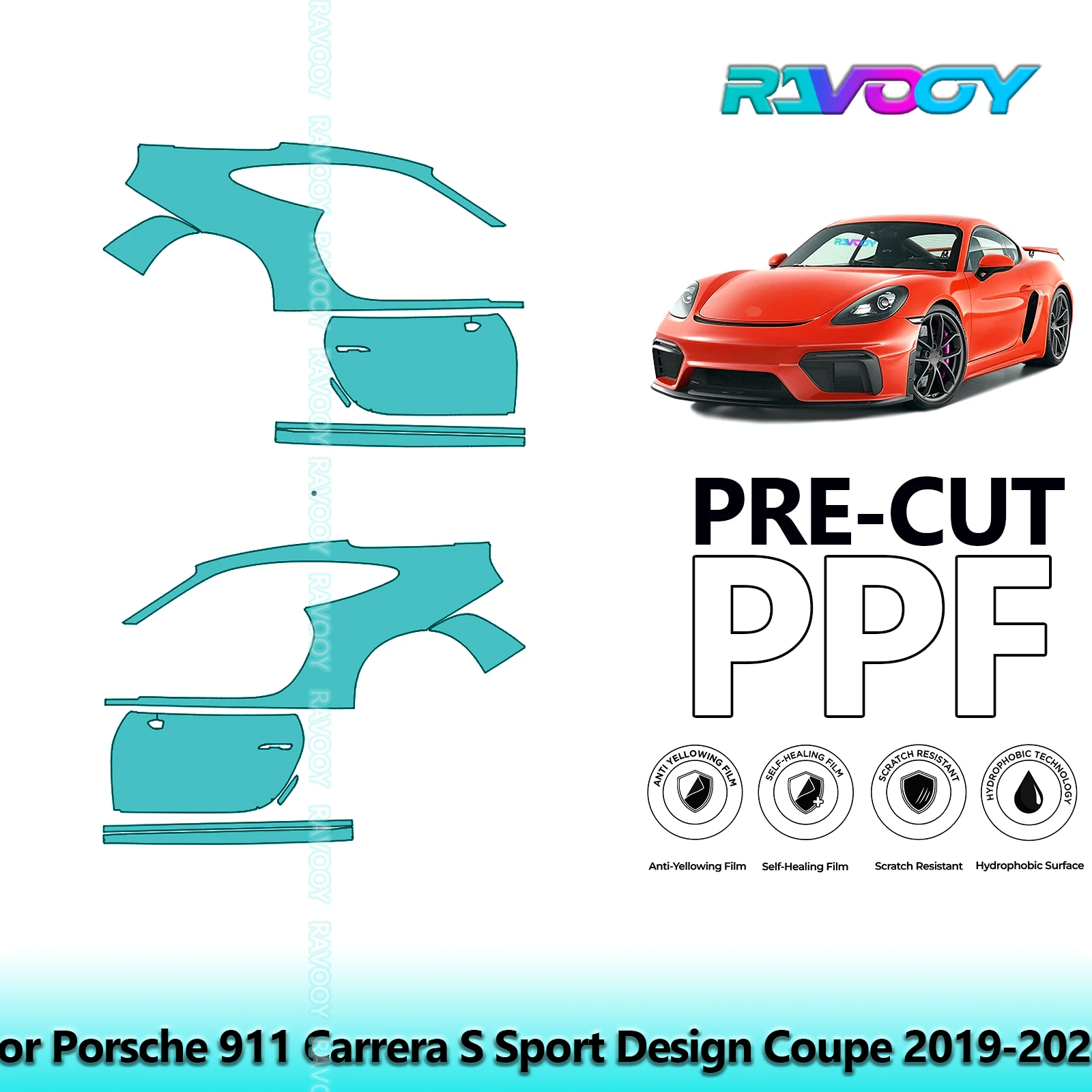 

For Porsche 911 Carrera S Sport Design Coupe 2019-2024 8.5mil Pre-Cut PPF Door & A/B Pillar Kit TPU Paint Protection Film Set