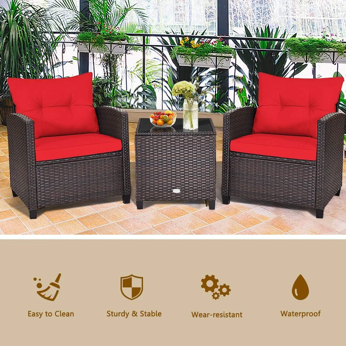 Happygrill-Rattan Móveis de vime Set, Pátio Conversa Set, Outdoor Bistro, Jardim sofá cadeira com lavável, 3 Pcs